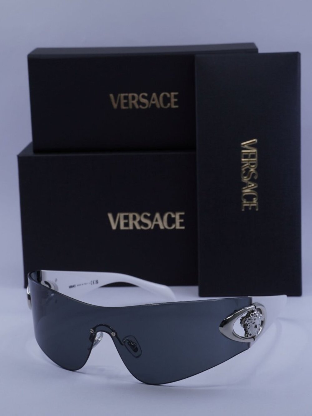 Versace VE2280 1000/87 Shield Sunglasses – White/Dark Grey